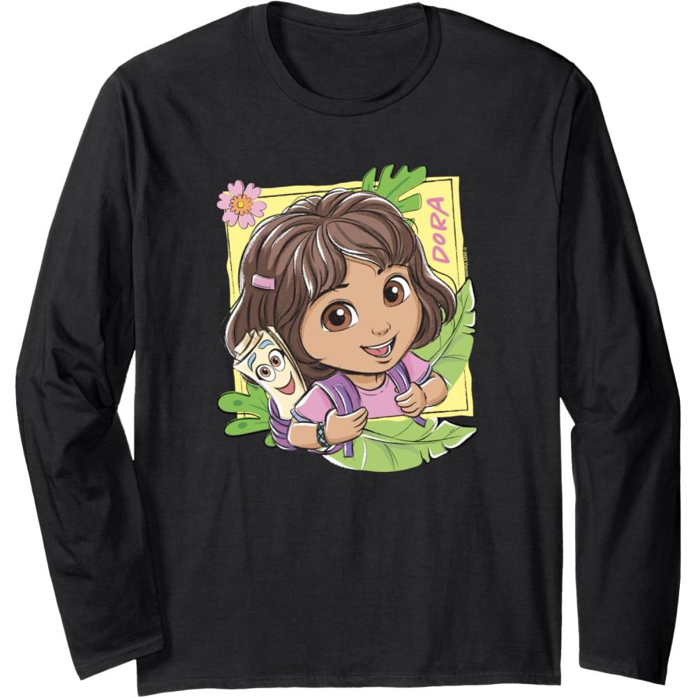 imageDora 2024 Dora and Map Tropical Leaves Long Sleeve TShirtBlack