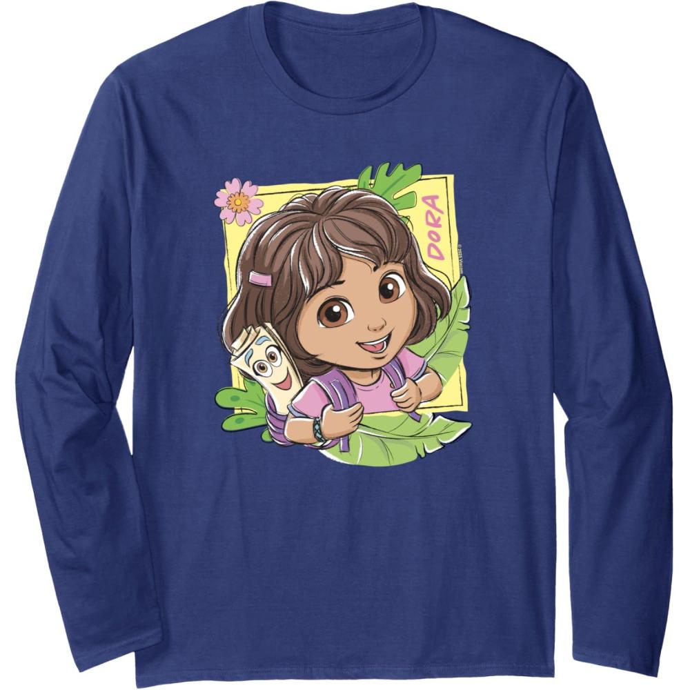imageDora 2024 Dora and Map Tropical Leaves Long Sleeve TShirtNavy Blue