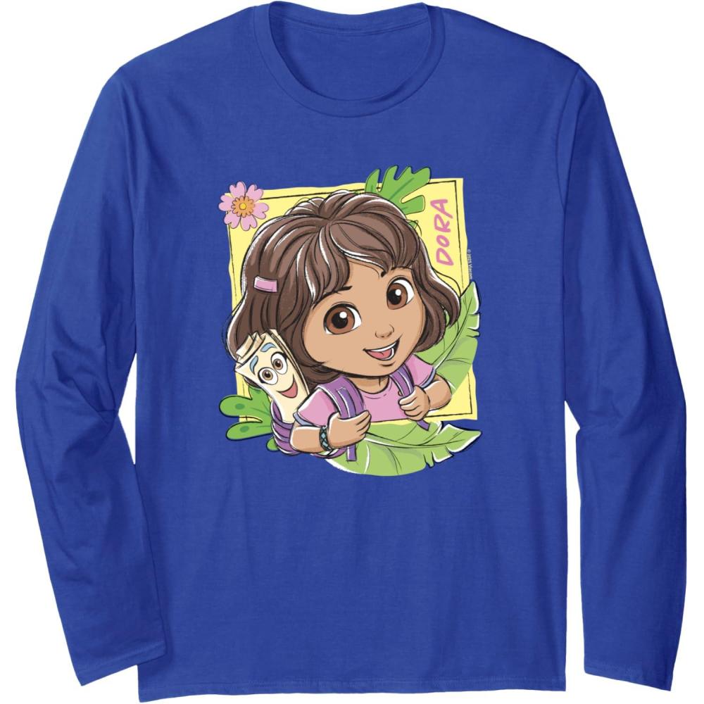 imageDora 2024 Dora and Map Tropical Leaves Long Sleeve TShirtRoyal Blue