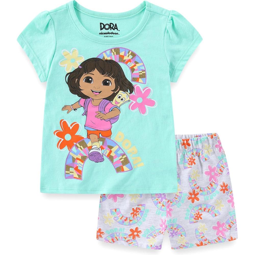 imageNickelodeon Dora the Explorer Girls Short Sleeve TShirt and Shorts Set for ToddlersGreenGrey