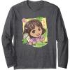 Dora (2024) Dora and Map Tropical Leaves Long Sleeve T-Shirt(Dark Heather Grey)