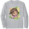 Dora (2024) Dora and Map Tropical Leaves Long Sleeve T-Shirt(Heather Grey)