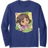Dora (2024) Dora and Map Tropical Leaves Long Sleeve T-Shirt(Navy Blue)