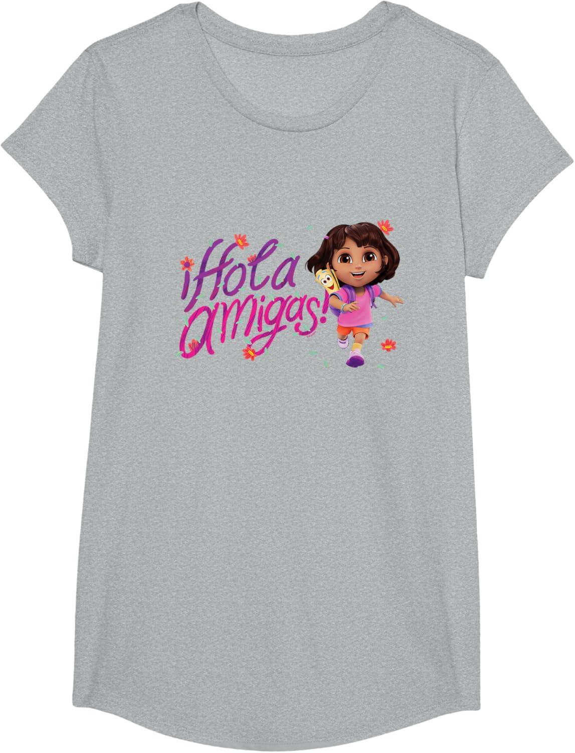 imageDora the Explorer Hola Amigas Colorful Floral Chest Logo TShirtHeather Grey