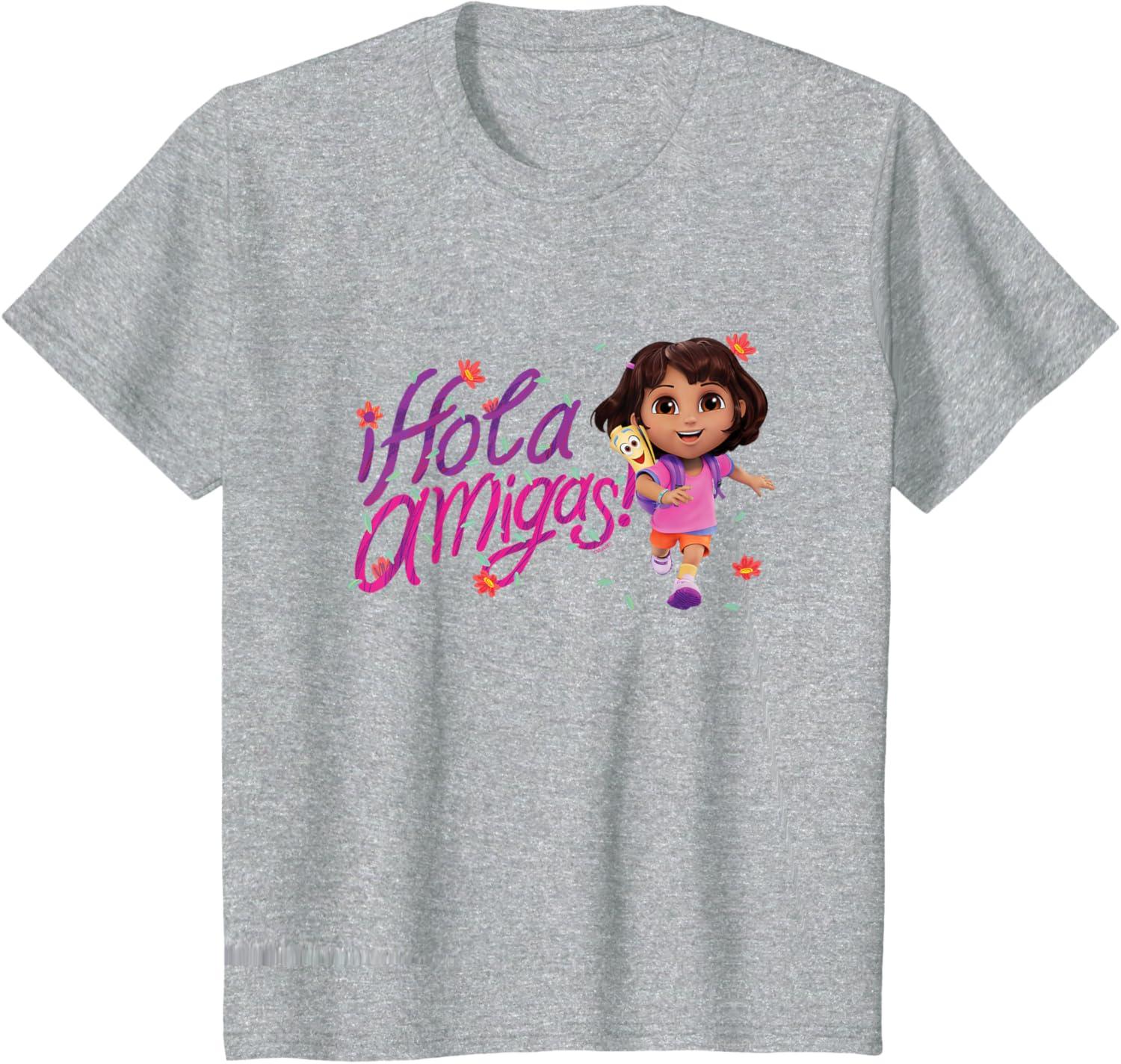 imageDora the Explorer Hola Amigas Colorful Floral Chest Logo TShirtHeather Grey