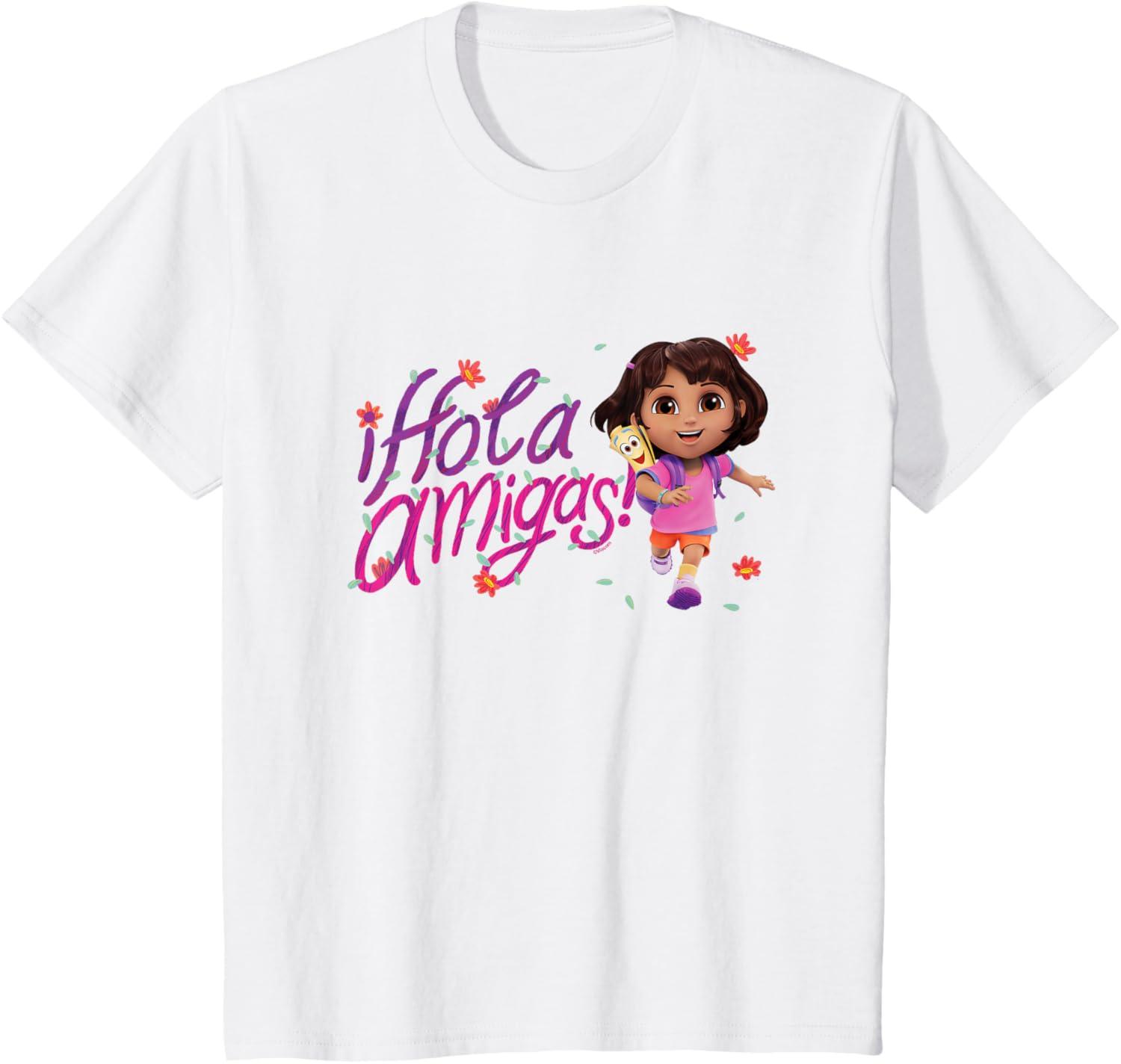 imageDora the Explorer Hola Amigas Colorful Floral Chest Logo TShirtWhite