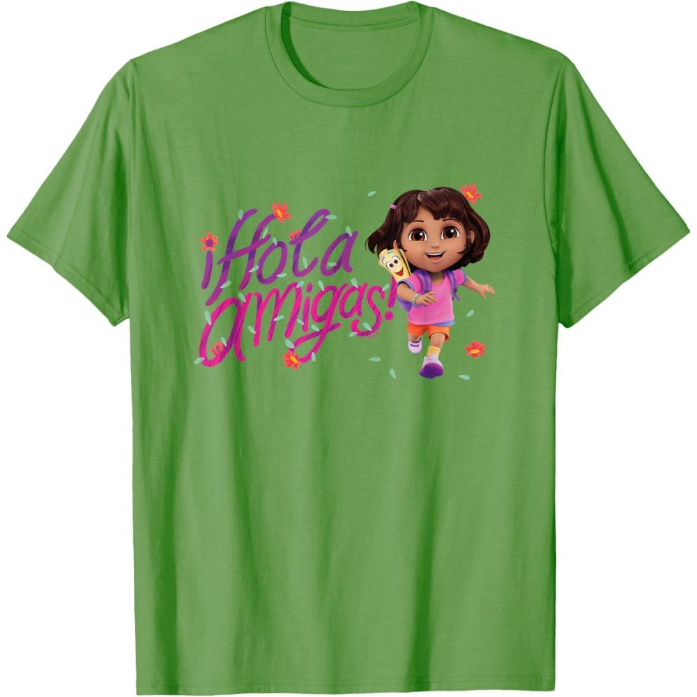 imageDora the Explorer Hola Amigas Colorful Floral Chest Logo TShirtGrass Green
