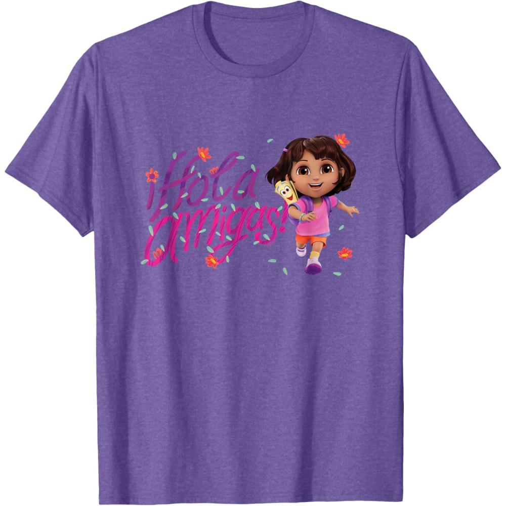 imageDora the Explorer Hola Amigas Colorful Floral Chest Logo TShirtPurple Heather