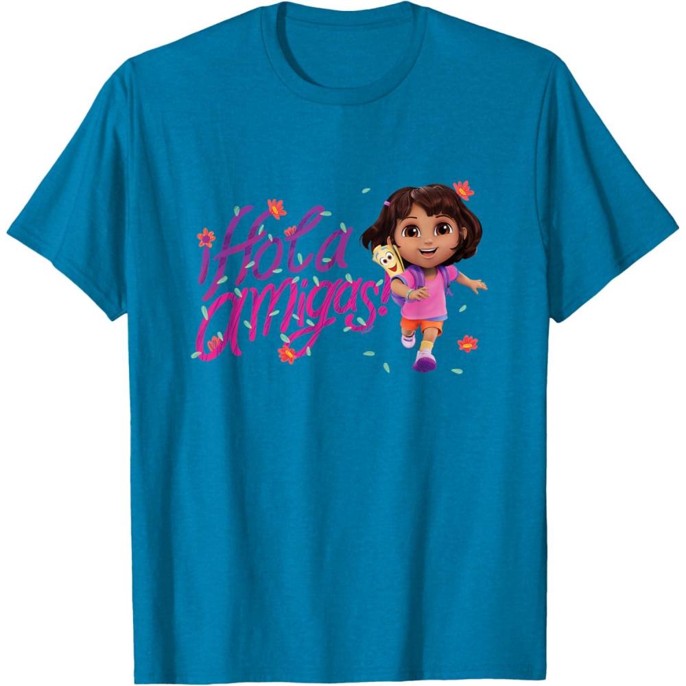imageDora the Explorer Hola Amigas Colorful Floral Chest Logo TShirtSapphire Blue