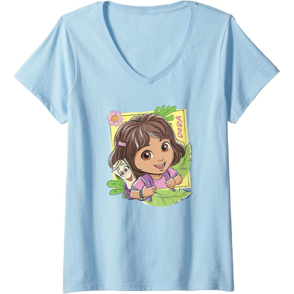 imageWomens Dora 2024 Dora and Map Tropical Leaves VNeck TShirtBaby Blue