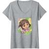Womens Dora (2024) Dora and Map Tropical Leaves V-Neck T-Shirt(Heather Grey)