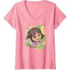 Womens Dora (2024) Dora and Map Tropical Leaves V-Neck T-Shirt(Pink)