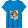 Womens Dora (2024) Dora and Map Tropical Leaves V-Neck T-Shirt(Sapphire Blue)