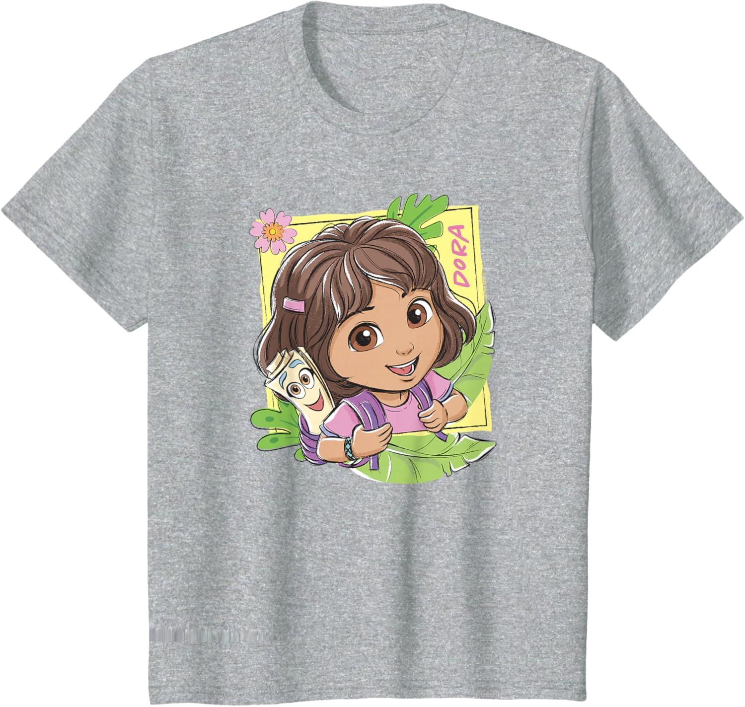 imageDora 2024 Dora and Map Tropical Leaves TShirtHeather Grey