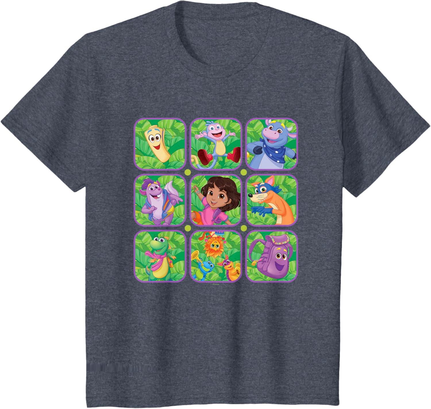 imageDora the Explorer Group Shot Characters Boxes Colorful Logo TShirtHeather Blue