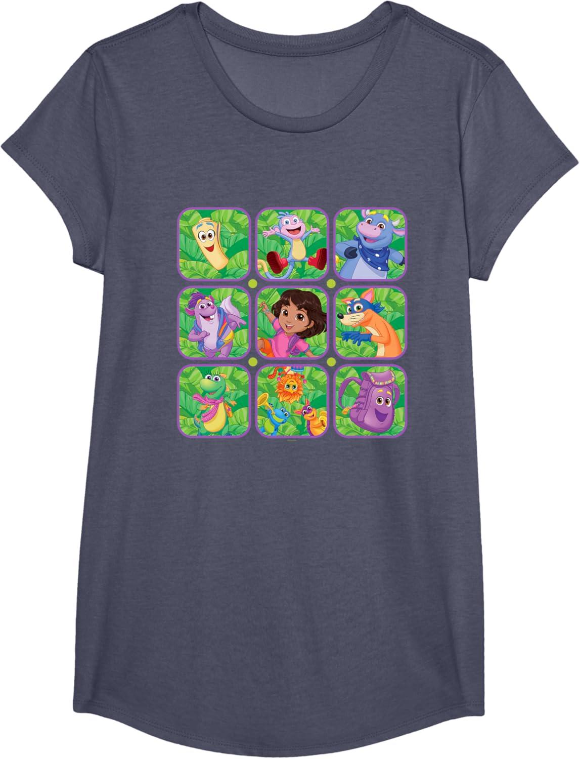 imageDora the Explorer Group Shot Characters Boxes Colorful Logo TShirtHeather Blue