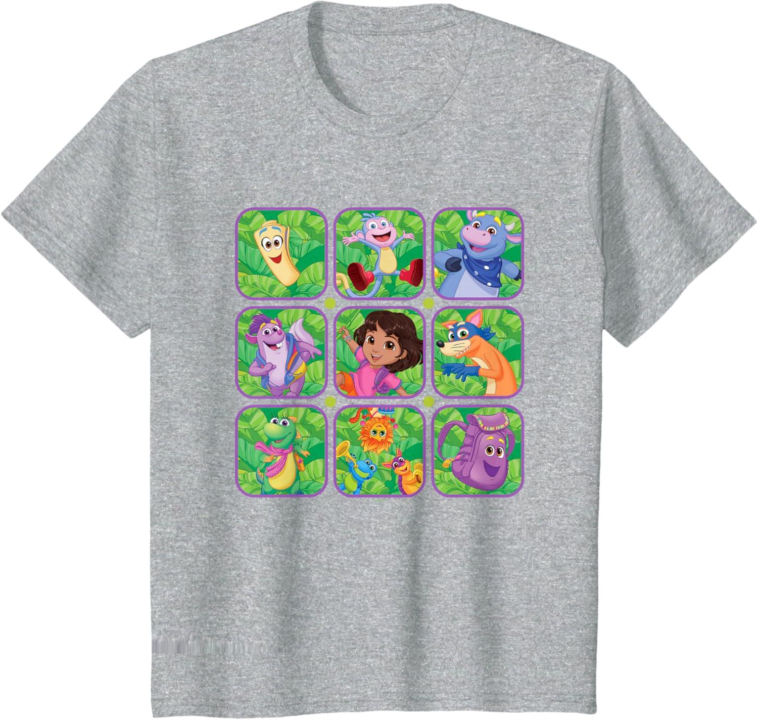imageDora the Explorer Group Shot Characters Boxes Colorful Logo TShirtHeather Grey