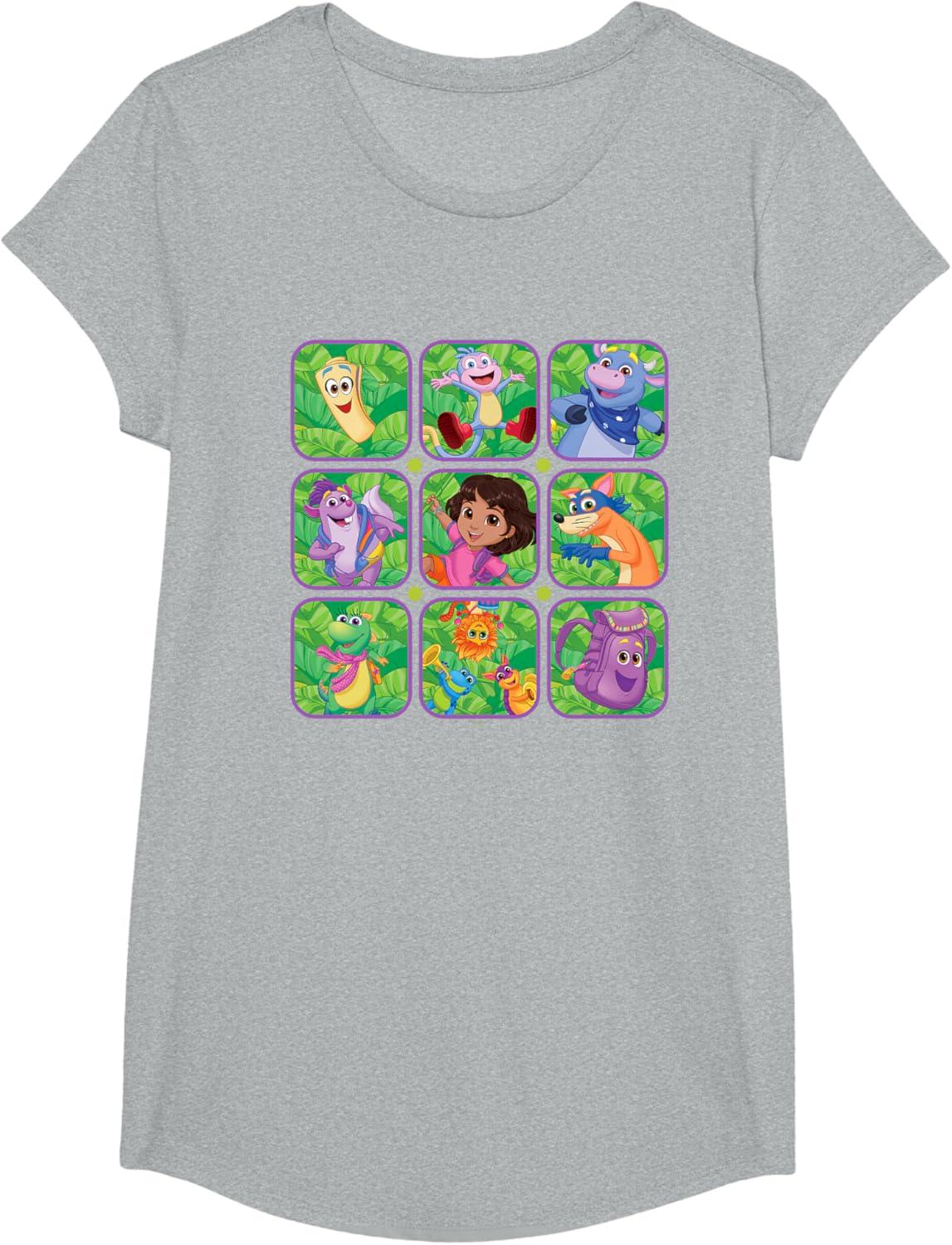 imageDora the Explorer Group Shot Characters Boxes Colorful Logo TShirtHeather Grey
