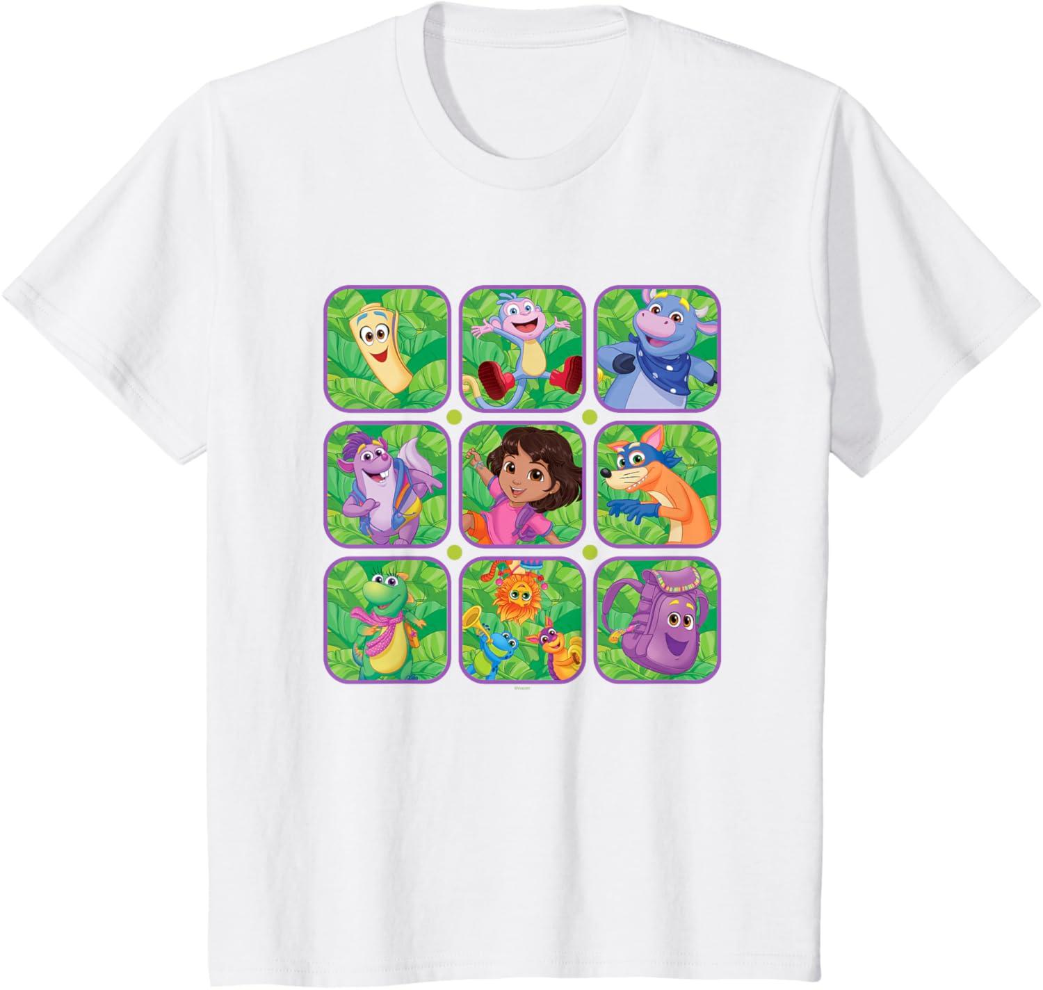 imageDora the Explorer Group Shot Characters Boxes Colorful Logo TShirtWhite