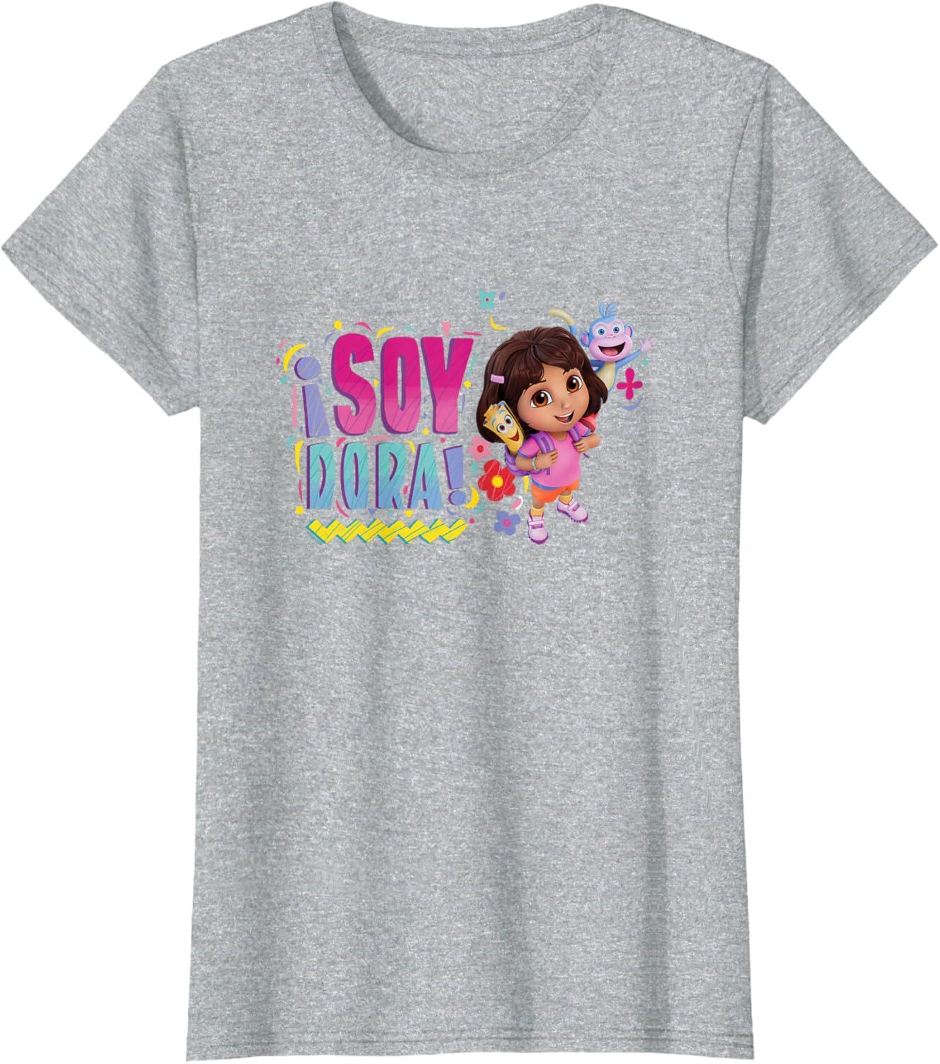 imageDora the Explorer Soy Dora Floral Colorful Big Chest Logo TShirtHeather Grey