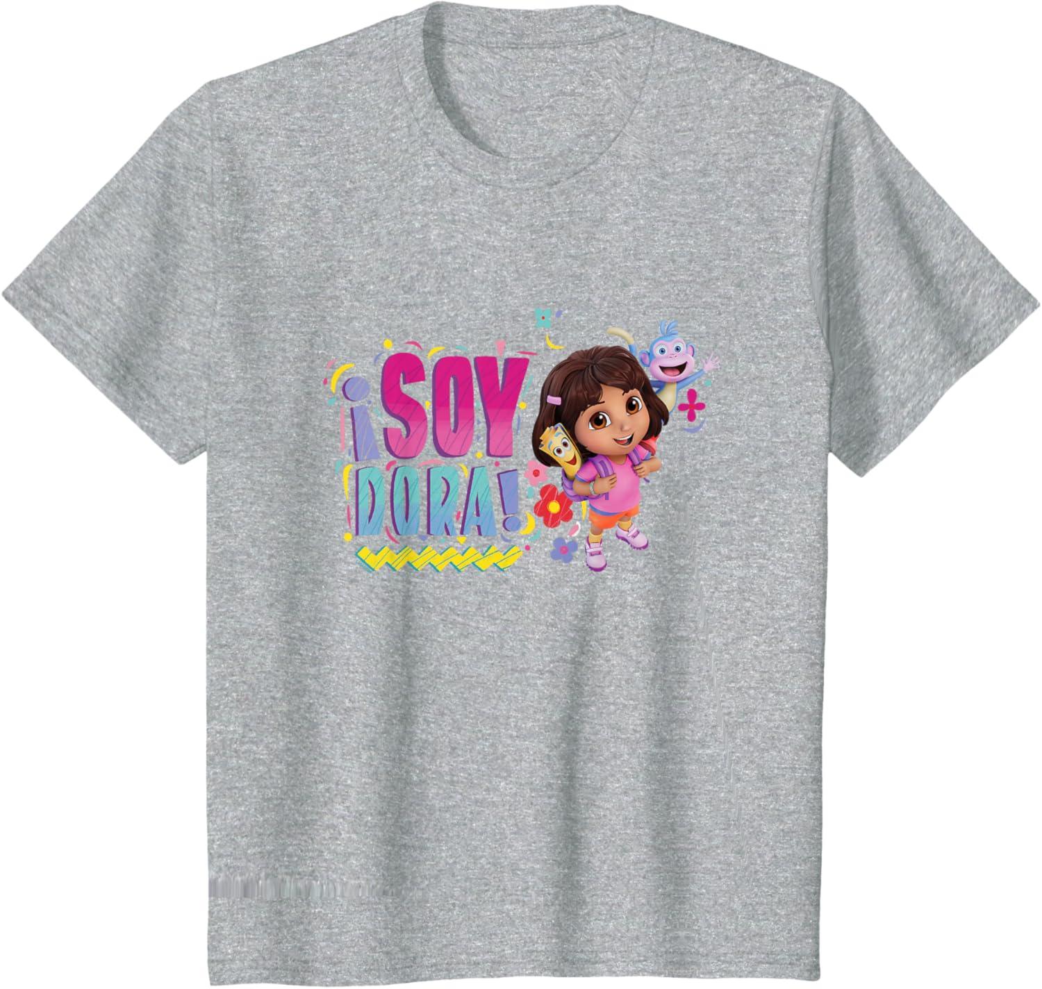 imageDora the Explorer Soy Dora Floral Colorful Big Chest Logo TShirtHeather Grey
