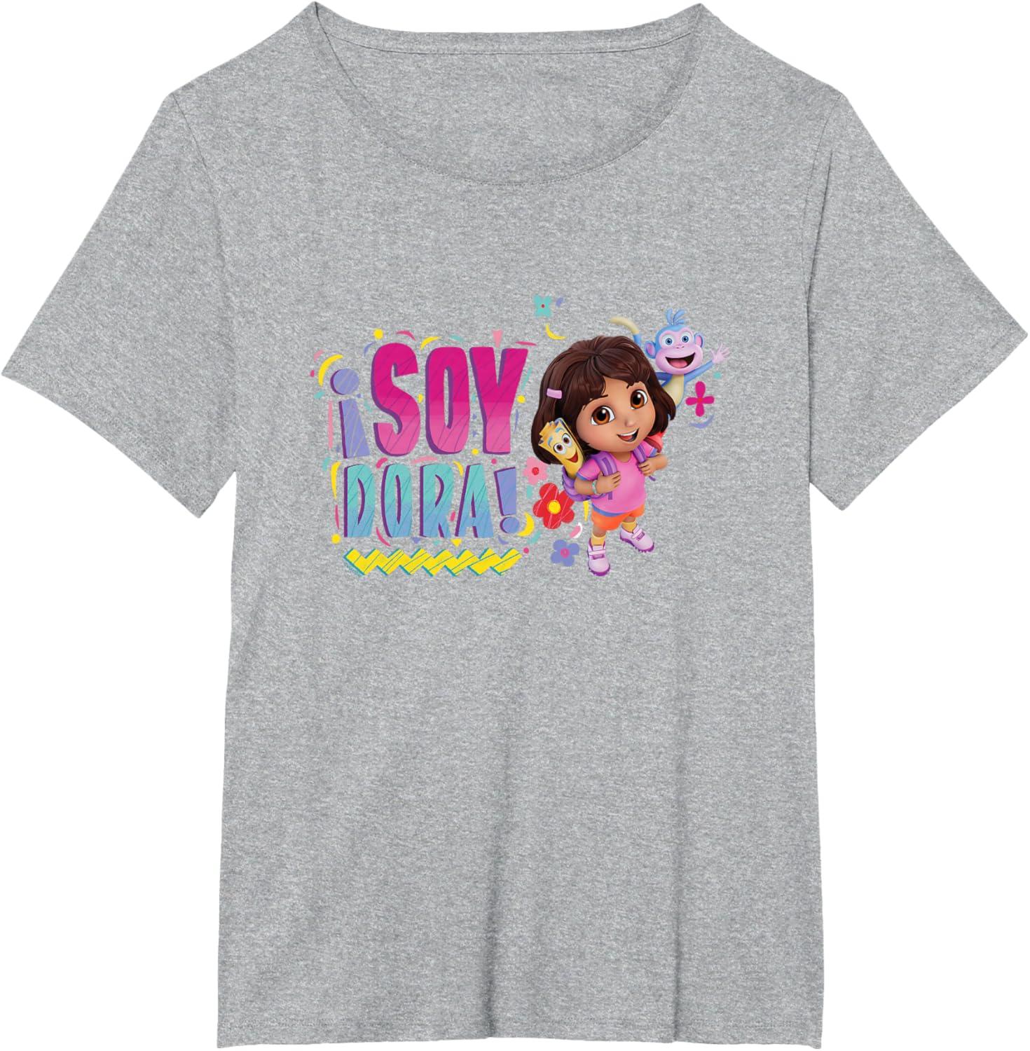 imageDora the Explorer Soy Dora Floral Colorful Big Chest Logo TShirtHeather Grey