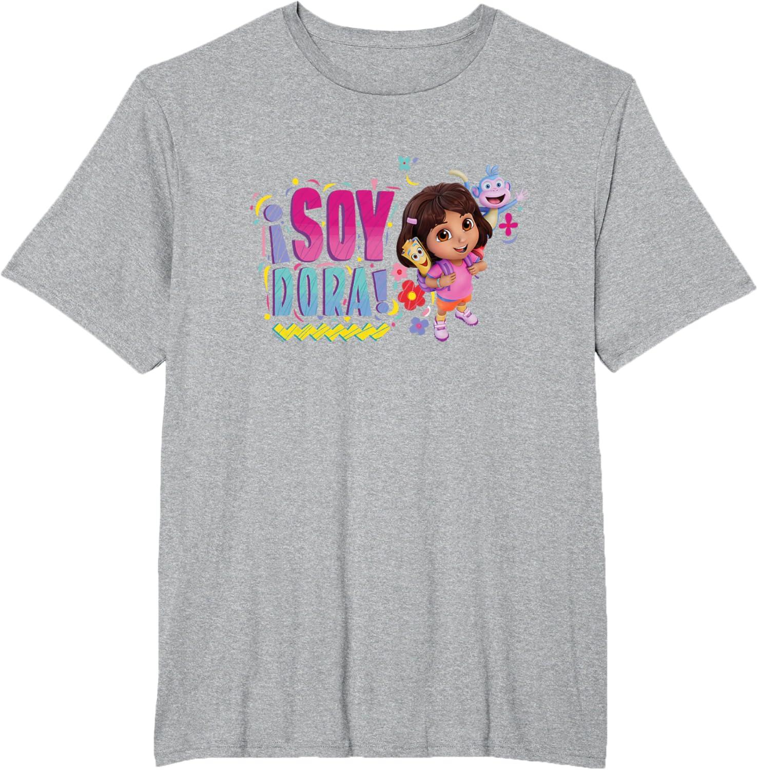 imageDora the Explorer Soy Dora Floral Colorful Big Chest Logo TShirtHeather Grey