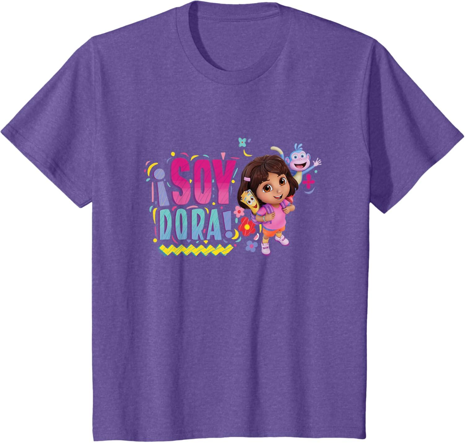 imageDora the Explorer Soy Dora Floral Colorful Big Chest Logo TShirtPurple Heather