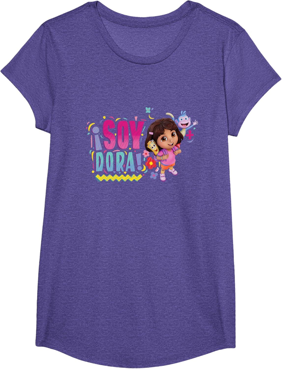 imageDora the Explorer Soy Dora Floral Colorful Big Chest Logo TShirtPurple Heather