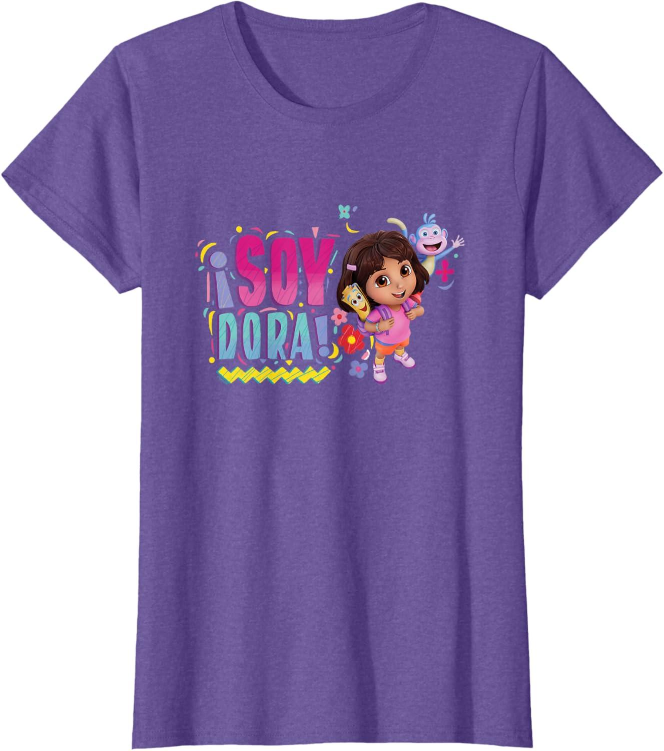 imageDora the Explorer Soy Dora Floral Colorful Big Chest Logo TShirtPurple Heather