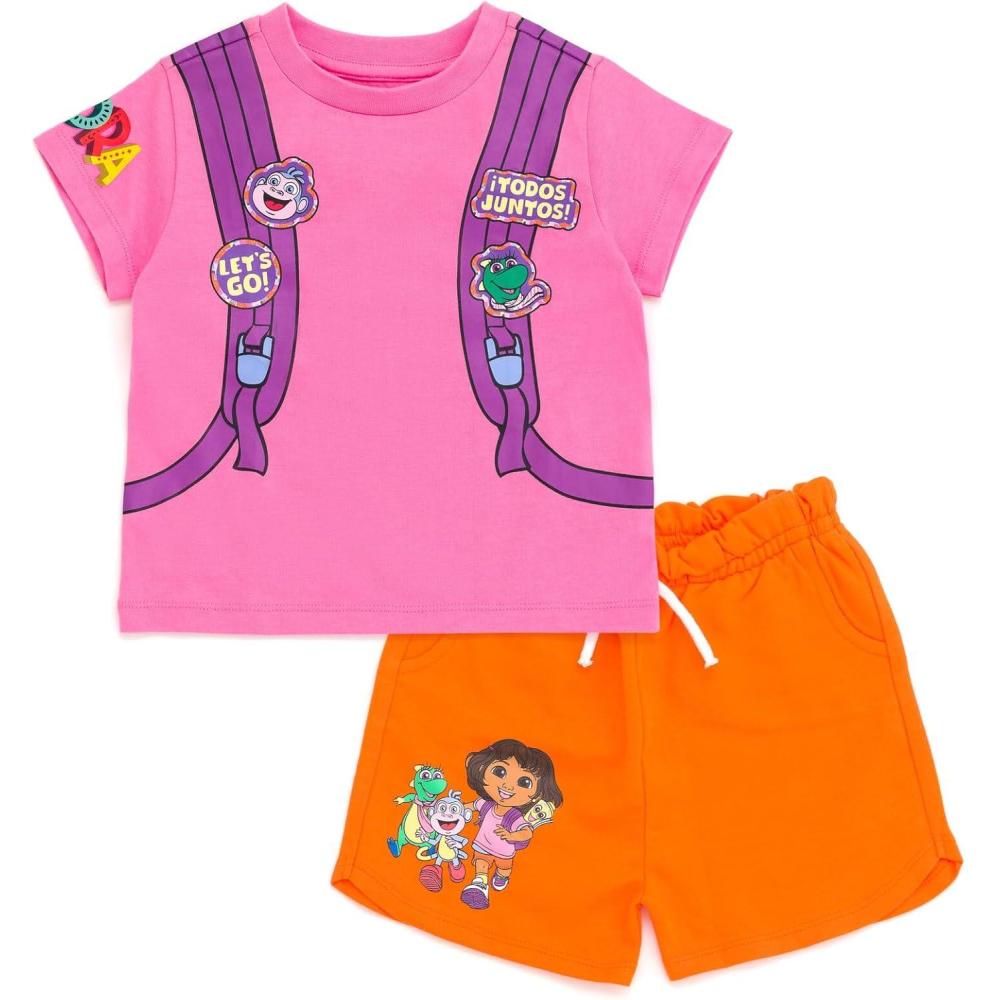 imageDORA Nickelodeon Girls Cosplay TShirt ampamp French Terry Shorts Outfit Set Toddler to Little Kid Sizes 2T 78Pink Orange