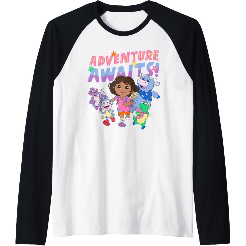 imageDora 2024 Adventure Awaits Raglan Baseball TeeBlackWhite
