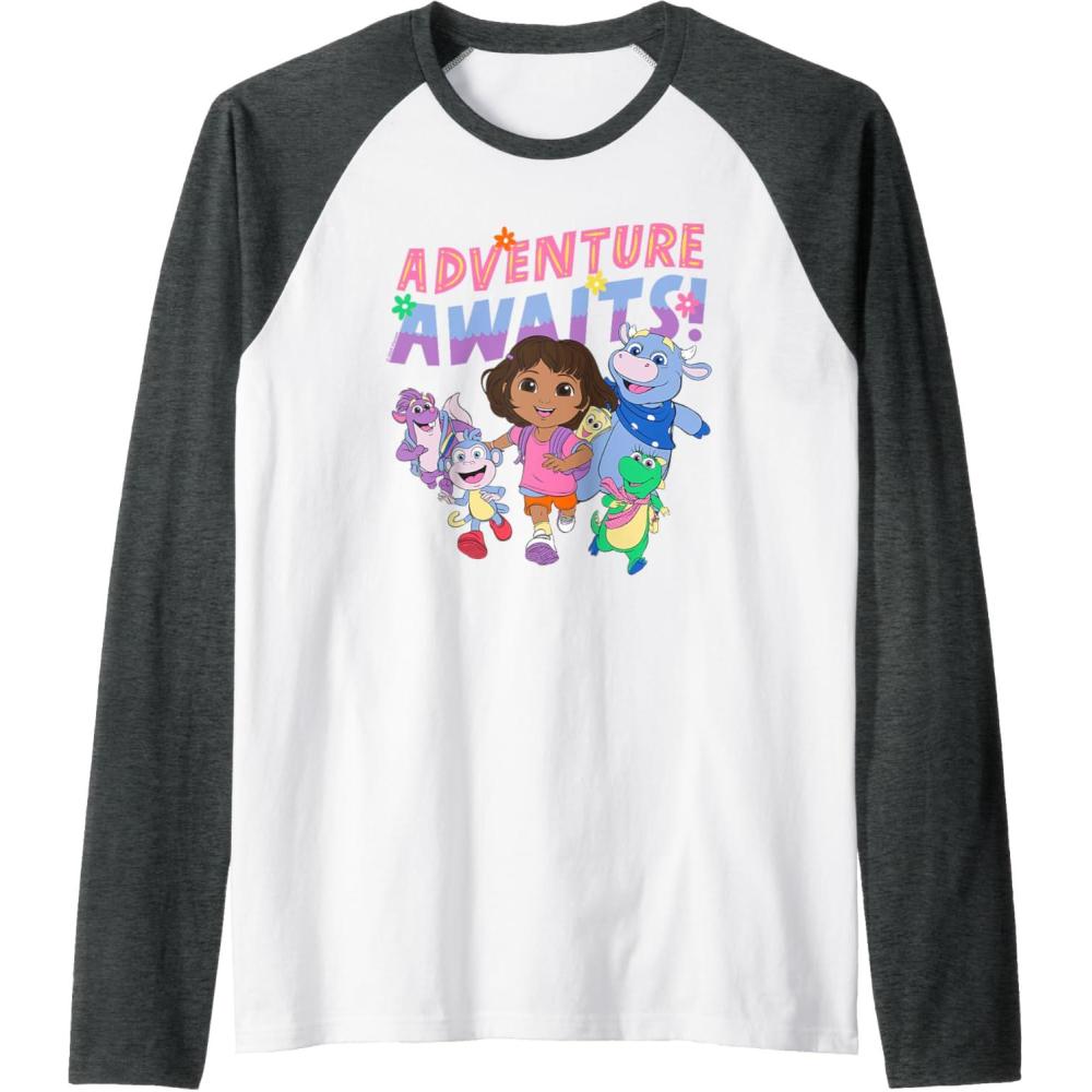 imageDora 2024 Adventure Awaits Raglan Baseball TeeDark Heather GreyWhite