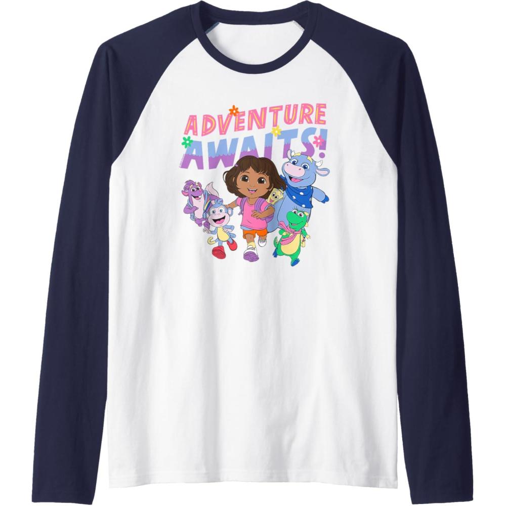 imageDora 2024 Adventure Awaits Raglan Baseball TeeNavy BlueWhite