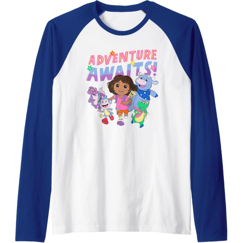 imageDora 2024 Adventure Awaits Raglan Baseball TeeRoyal BlueWhite