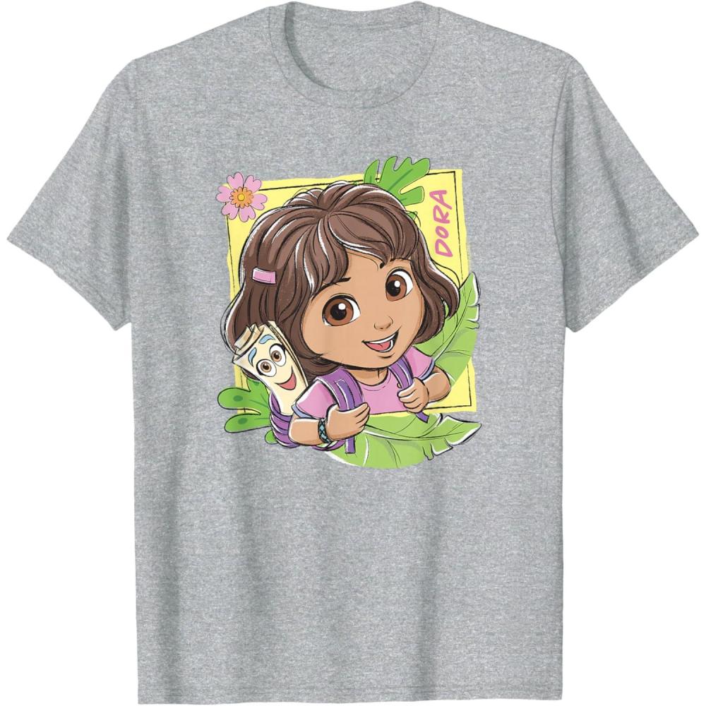 imageDora 2024 Dora and Map Tropical Leaves TShirtHeather Grey