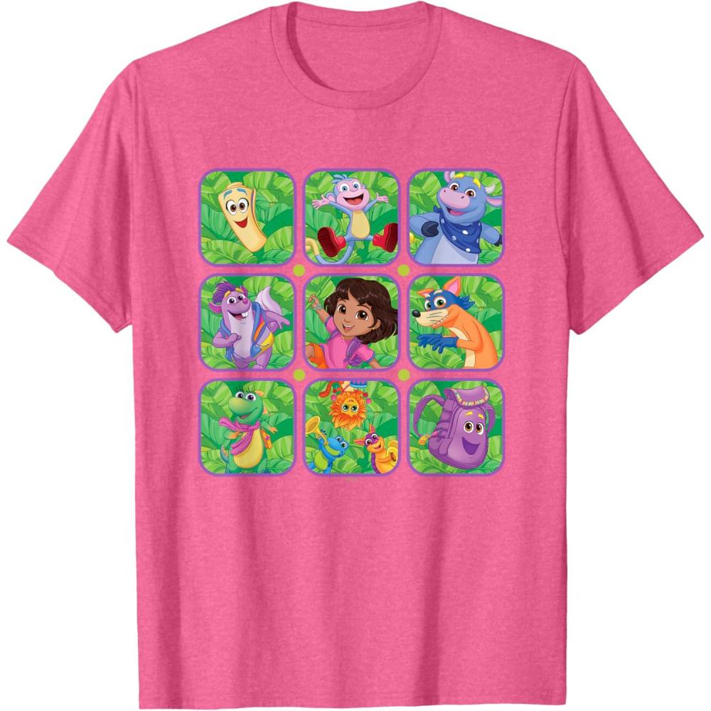 imageDora the Explorer Group Shot Characters Boxes Colorful Logo TShirtPink Heather