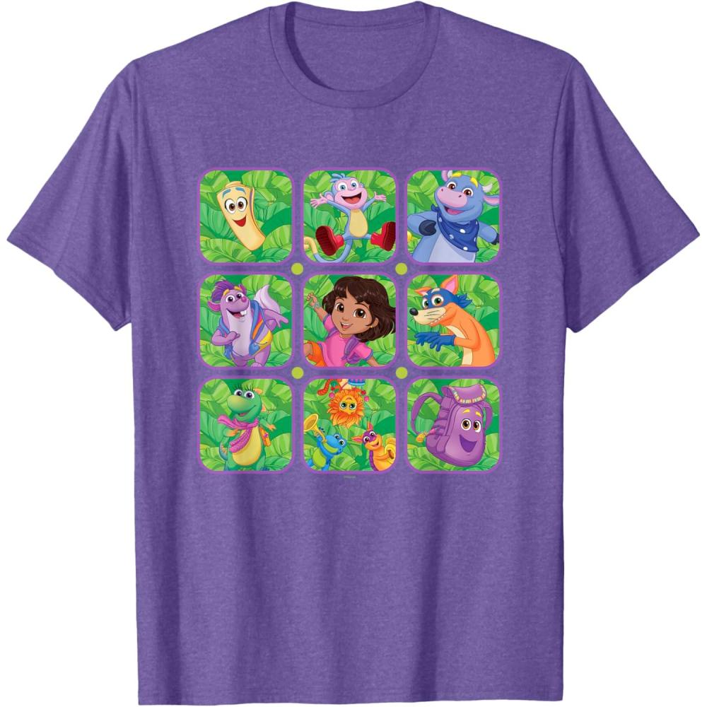 imageDora the Explorer Group Shot Characters Boxes Colorful Logo TShirtPurple Heather