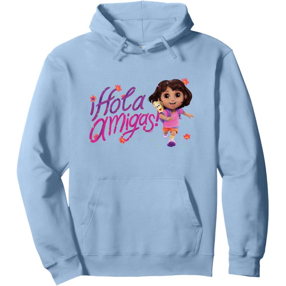 imageDora the Explorer Hola Amigas Colorful Floral Chest Logo Pullover HoodieDusty Blue