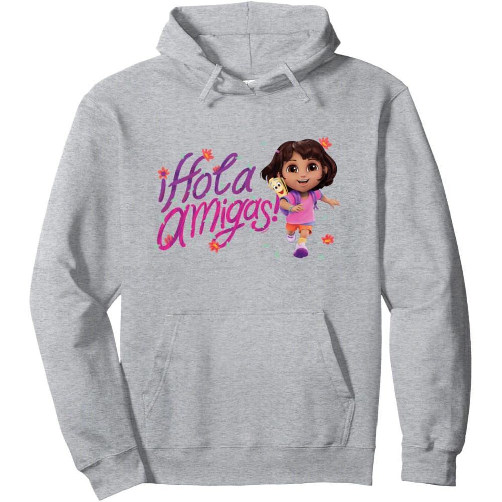 imageDora the Explorer Hola Amigas Colorful Floral Chest Logo Pullover HoodieHeather Grey