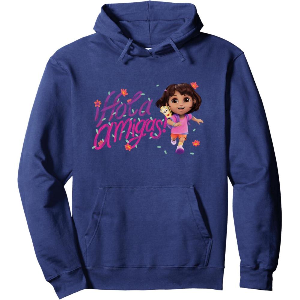 imageDora the Explorer Hola Amigas Colorful Floral Chest Logo Pullover HoodieNavy Blue