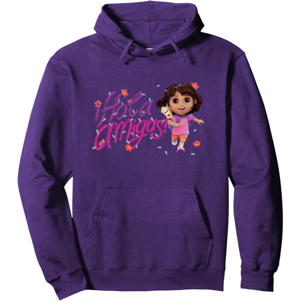imageDora the Explorer Hola Amigas Colorful Floral Chest Logo Pullover HoodiePurple