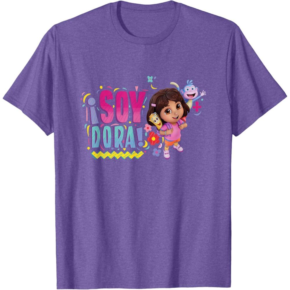 imageDora the Explorer Soy Dora Floral Colorful Big Chest Logo TShirtPurple Heather