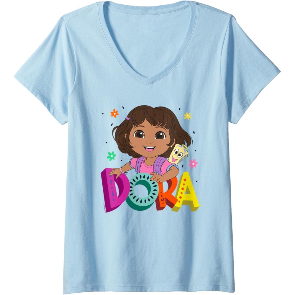 imageWomens Dora 2024 Dora and Map Logo VNeck TShirtBaby Blue