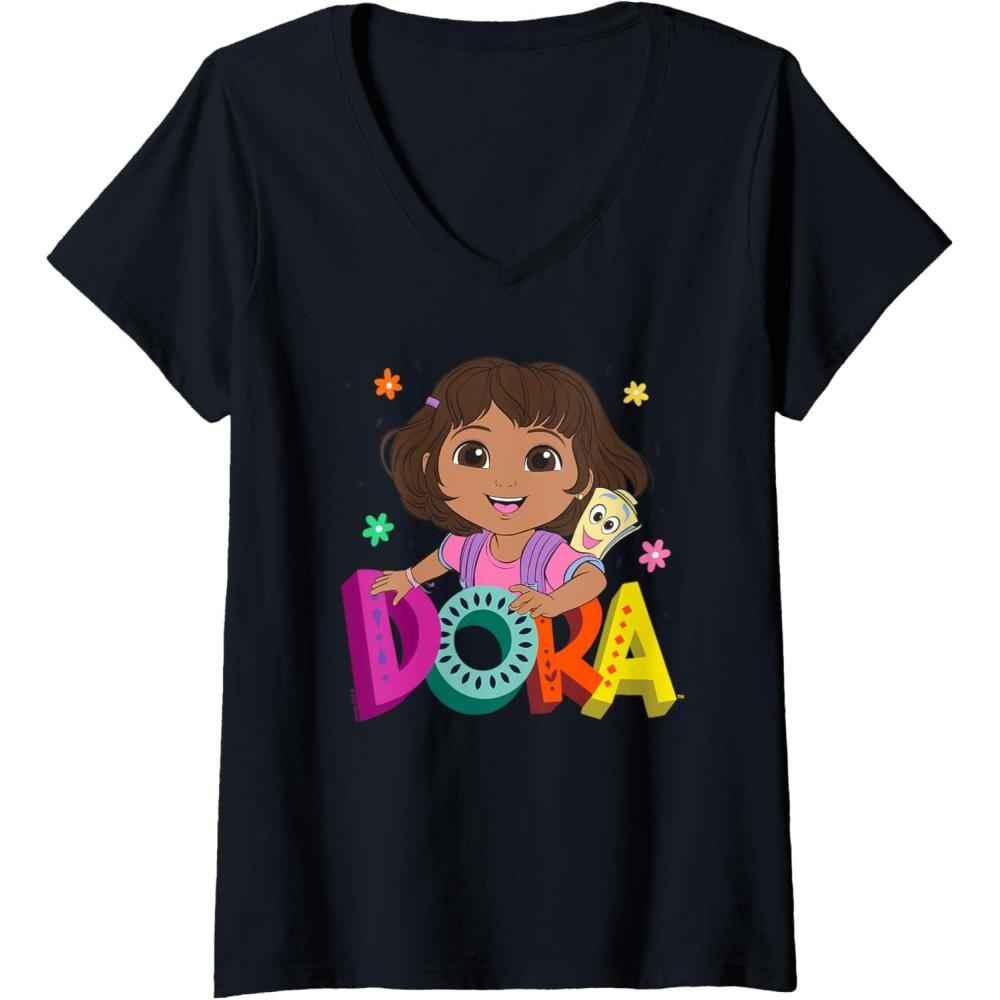 imageWomens Dora 2024 Dora and Map Logo VNeck TShirtBlack