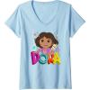 Womens Dora (2024) Dora and Map Logo V-Neck T-Shirt(Baby Blue)