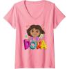 Womens Dora (2024) Dora and Map Logo V-Neck T-Shirt(Pink)