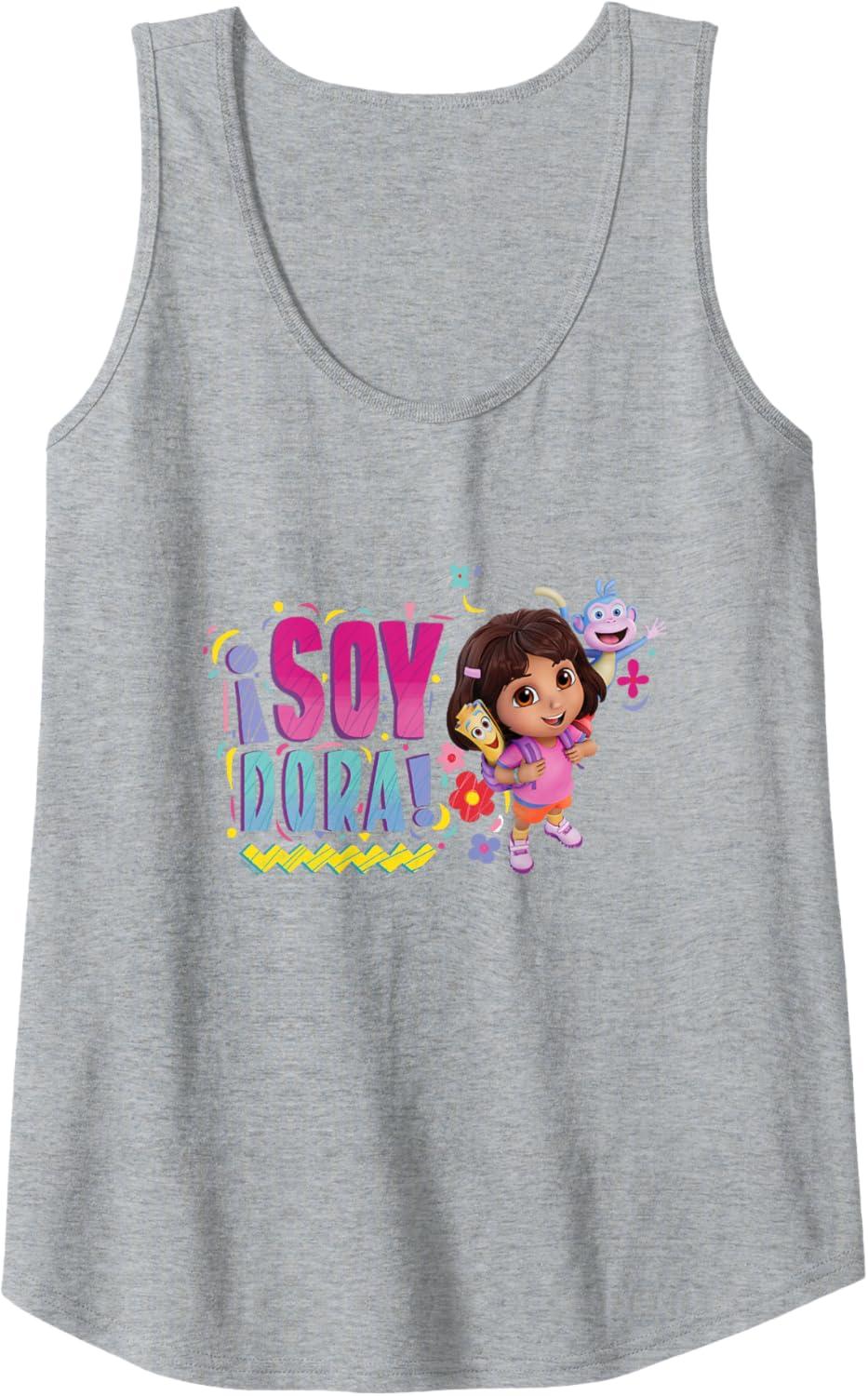 imageDora the Explorer Soy Dora Floral Colorful Big Chest Logo Tank TopHeather Grey