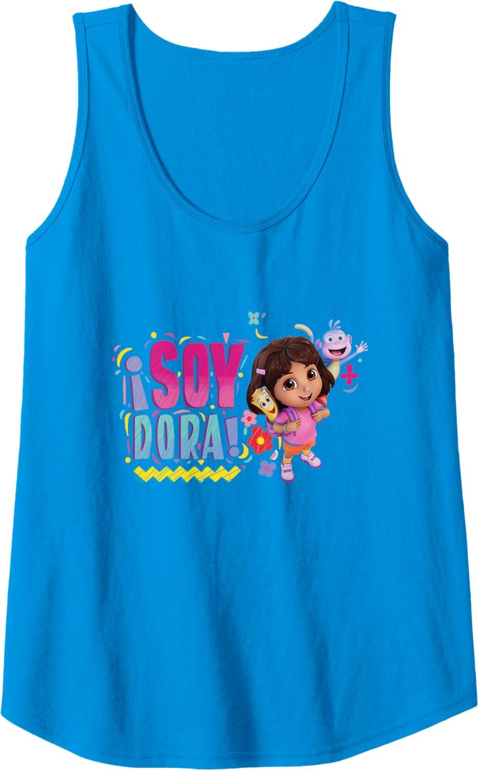 imageDora the Explorer Soy Dora Floral Colorful Big Chest Logo Tank TopSapphire Blue