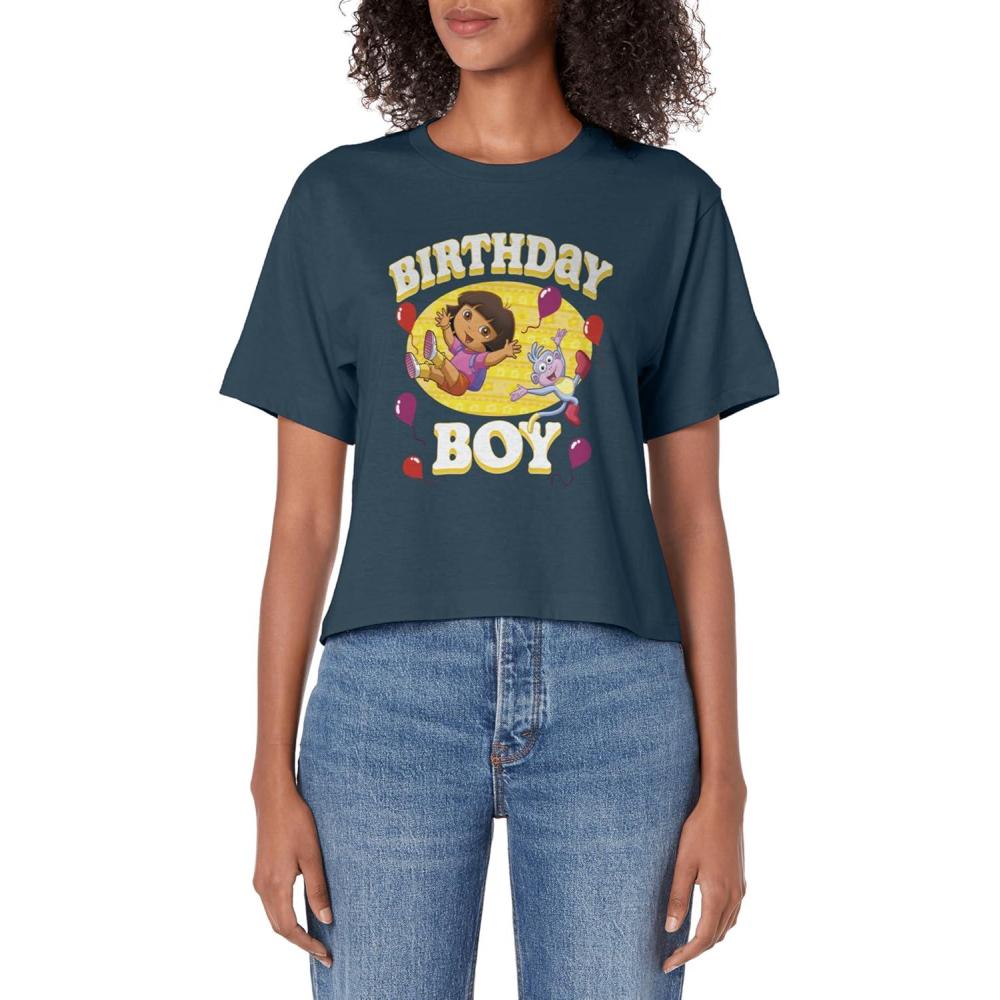 imageDora the Explorer Birthday Boy Dora Boots Celebrating Logo Womens Crop TopDark Blue